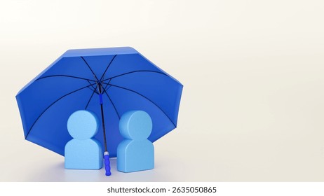 A 3d rendering of two abstract, blue, human-like figures. They are standing under a large, open, blue umbrella, which provides a sense of shelter or protection. 