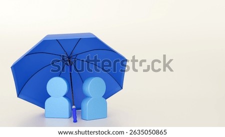 A 3d rendering of two abstract, blue, human-like figures. They are standing under a large, open, blue umbrella, which provides a sense of shelter or protection. 