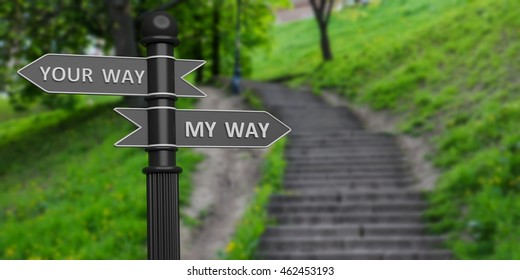 3D rendering of two arrows on signpole in park against of steps.Your way and my way.