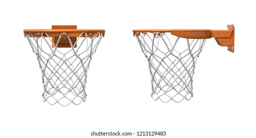 3d rendering of two basketball nets with orange hoops in front and side views. Basketball game. Scoring points. Empty net.