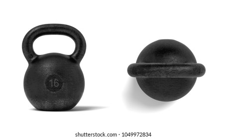 3d Rendering Of Two Black Metal 16 Kg Kettlebells, One In Front View And One In Top View. Sports Equipment. Gym Workout Tools. Heavy Weights.