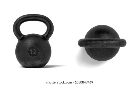 3d Rendering Of Two Black Metal 12 Kg Kettlebells, One In Front View And One In Top View. Sports Equipment. Gym Workout Tools. Heavy Weights.