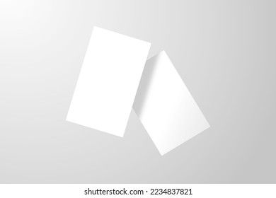 3D rendering of the two blank white business cards is isolated in the air with minimal gray background, for brand identity mockup or invitation flyer presentation.