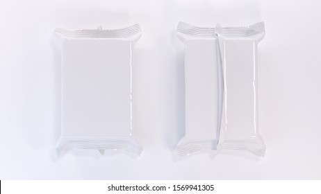3d rendering of  two cheese bricks in white plastic wrap. Closed. Square shape. Realistic products packaging mockup with soft shadows. Stands on bright background. Top view