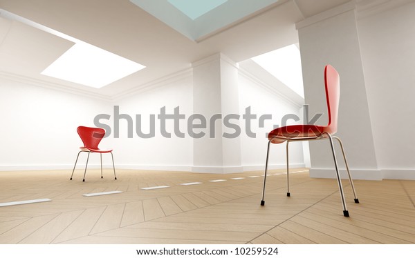 3D rendering of two confronting red\
chairs on a white room divided by a discontinuous\
line