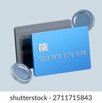 3d rendering of two credit cards with coins. stylized simple 3d icon. 3d illustration for business and finance	