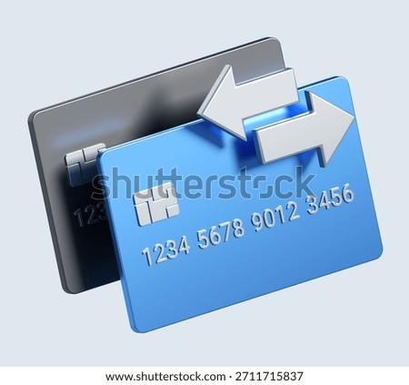 3d rendering of two credit cards with change arrows. stylized simple 3d icon. 3d illustration for business and finance	