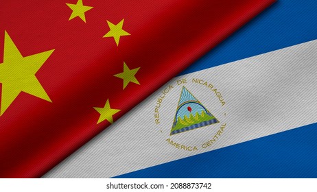 3D Rendering of two flags from China and Republic of Nicaragua together with fabric texture, bilateral relations, peace and conflict between countries, great for background