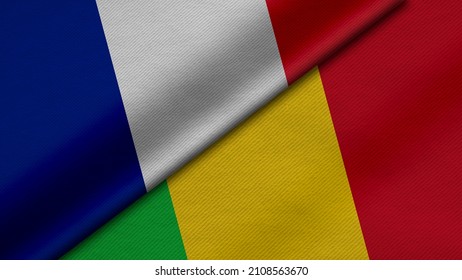 3D Rendering of two flags from French Republic and Republic of Mali together with fabric texture, bilateral relations, peace and conflict between countries, great for background
