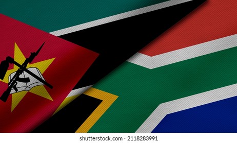 3D Rendering Of Two Flags From Republic Of Mozambique And Republic Of South Africa Together With Fabric Texture, Bilateral Relations, Peace And Conflict Between Countries, Great For Background