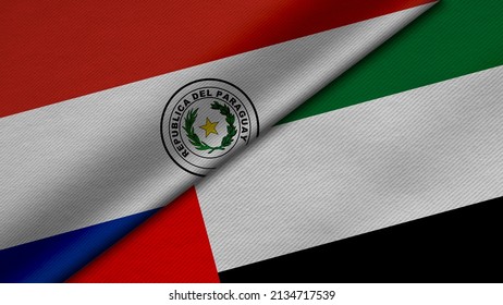 3D Rendering of two flags from Republic of Paraguay and United Arab Emirates together with fabric texture, bilateral relations, peace and conflict between countries, great for background