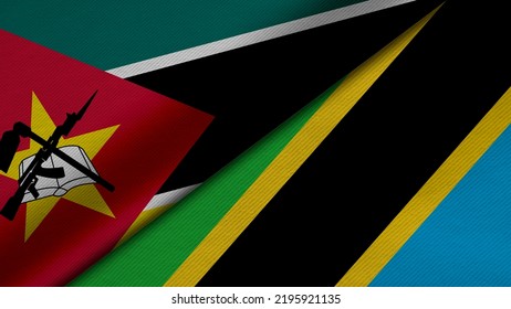 3D Rendering Of Two Flags From Republic Of Mozambique And United Republic Of Tanzania Together With Fabric Texture, Bilateral Relations, Peace And Conflict Between Countries, Great For Background