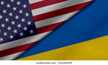 3D Rendering of two flags from United States of America and Ukraine together with fabric texture, bilateral relations, peace and conflict between countries, great for background