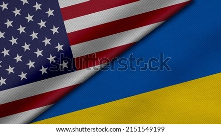 3D Rendering of two flags from United States of America and Ukraine together with fabric texture, bilateral relations, peace and conflict between countries, great for background