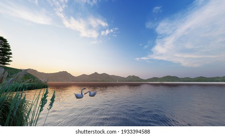 3D Rendering. two geese on the lake in spring