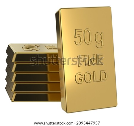 3d rendering Two gold bars 50 grams on a white background. financial and Banking business concepts, background concepts, 3D illustration