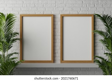3d rendering of two huge 24 x 36 inch standing on the white clean surface with canvas paper for poster or artwork mockup with walnut wood frame in minimalist modern natural white brick interior