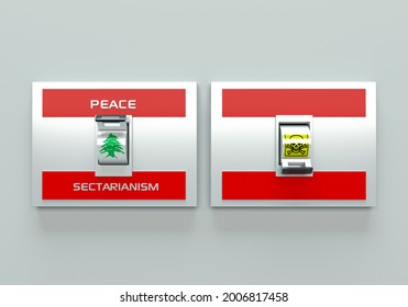 3d Rendering Of Two Lebanon Flags On White Wall With Switches Between Peace And Sectarianism