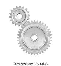 3d Rendering Of A Two Metal Gears Of Different Size Connected To Each Other On A White Background. Gear Box Parts. Increasing And Reduction Gear. Machinery Parts.