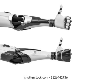 3d rendering of two robot arms with hand fingers in thumbs-up gesture of approval. Good idea. New technological invention. Breakthrough in robotics.