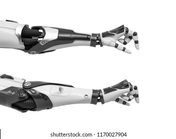 3d Rendering Of Two Robot Arms With Thumbs And Index Fingers Measuring An Extremely Small Object. Precise Measurement. Holding Small Object. Cybernetic Hand For Small Object.