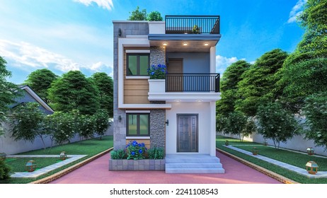 3D Rendering of two Storeyed Modern house was isolated with sky baclground.
