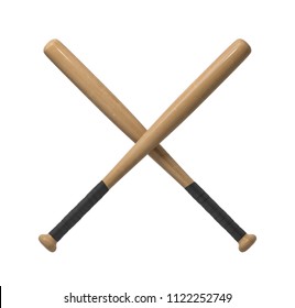 3d rendering of two wooden baseball bats with handle wraps making a cross shape on a white background. Baseball match. Two wooden bats. Game opponents.
