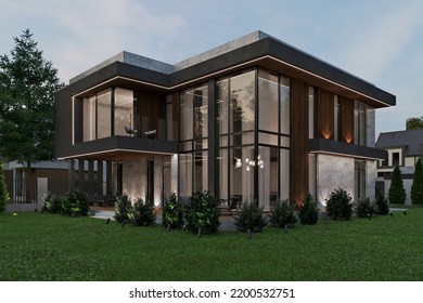 3D Rendering Of A Two-story House With A Flat Roof. House With Big Windows