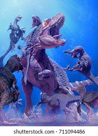 3D Rendering Of A Tyrannosaurus Rex Getting Swarmed By A Pack Of Dakotaraptors In Hell Creek 66 Million Years Ago.