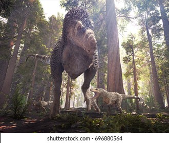 3D Rendering Of Tyrannosaurus Rex Walking With Its Young Through Hell Creek 66 Million Years Ago.