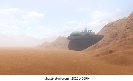 3d Rendering, UFO Army Base With Sahara Desert.