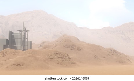 3d Rendering, UFO Army Base In Sahara Desert.