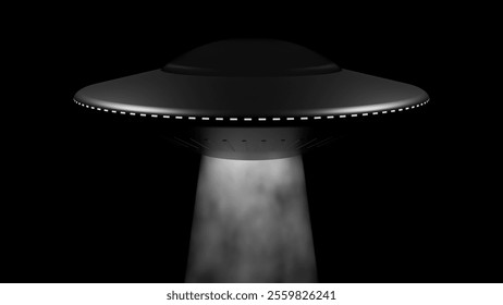 3d rendering of a UFO hovering in the night sky, emitting a beam of light. Ideal image for illustrating themes such as ufology, conspiracies, UFO sightings, and unexplained phenomena.