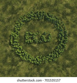 3d rendering ultra high quality. Eco icon from small trees with drop shadow on grass background. Modern minimalistic icon in green colors. View from above