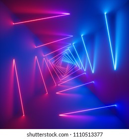 3d rendering, ultraviolet spectrum, glowing lines, blue pink neon lights, abstract psychedelic background, square corridor, tunnel perspective, vibrant colors