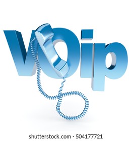 3D rendering of an unhooked telephone receiver with the word VOIP