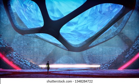 3D rendering of unique concept alien reactor environment with glowing energy source and architectural structure - unique concept art without reference 