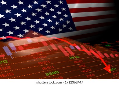 3D Rendering Of United States Economic Downturn With Stock Exchange Market Showing Stock Chart Down And In Red Negative Territory. Illustration Of Business And Financial Money Market Crisis Concept.