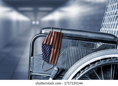 3D Rendering Of United States Flag On Face Mask Hanging On Empty Wheelchair In Hallway Of American Hospital Or Retirement Nursing Care Home With Copy Space. Illustration Of Healthcare In Pandemic.