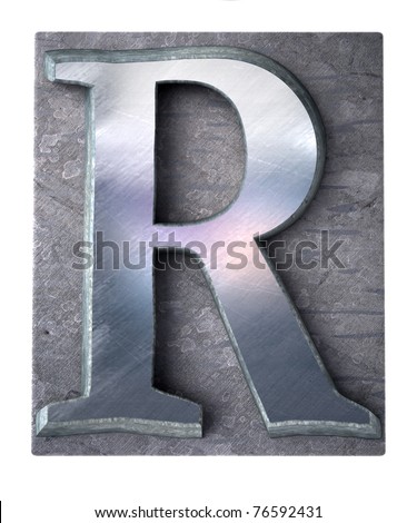 3D rendering an upper case R   letter in metallic typescript print (part of a matching alphabet)