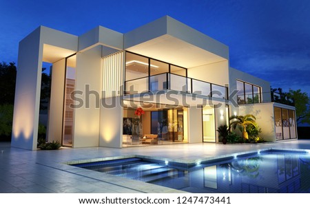 3D rendering of an upscale modern  mansion with pool