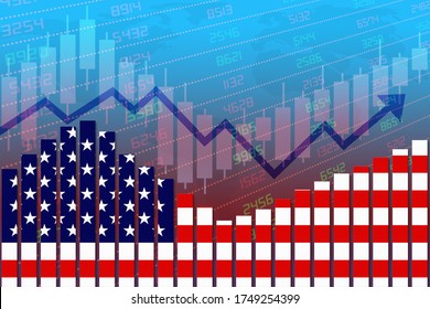 3D Rendering Of US Flag On Bar Chart Concept Of Economic Recovery And Business Improving After Crisis Such As Covid-19 Or Other Catastrophe As Economy And Businesses Reopen Again.