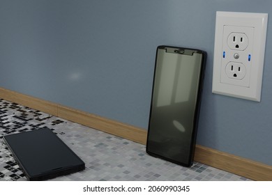 3D Rendering Of USB Wall Outlet With Cell Phones On Counter