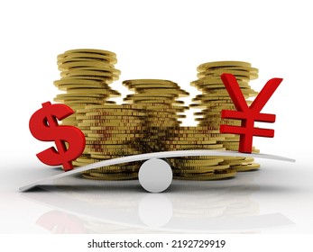 3d Rendering Usd Dollar Symbol Balancing Yen With Gold Coin