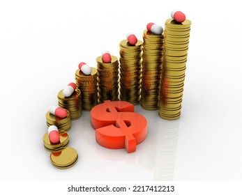 3d Rendering Usd Dollar Symbol With Pill On Gold Coin Graph