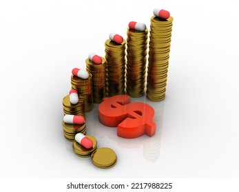 3d Rendering Usd Dollar Symbol With Pill On Gold Coin Graph