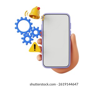 3D rendering using a smartphone with the concept of gear icon setting and updating software with exclamation mark and alarm bell. isolated on white background with clipping path