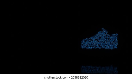 3d rendering various blue wire glowing mechanical parts in shape of symbol of groom leather formal shoe isolated on black background with reflection on floor