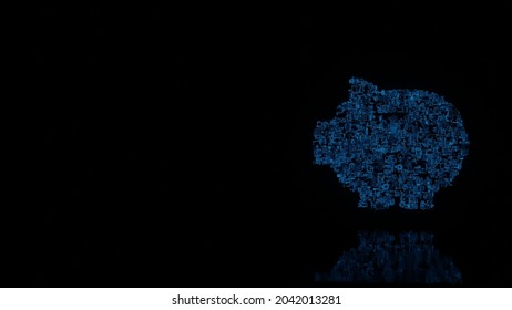 3d rendering various blue wire glowing mechanical parts in shape of symbol of piggy bank isolated on black background with reflection on floor