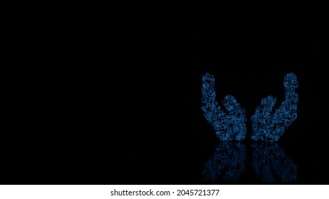 3d rendering various blue wire glowing mechanical parts in shape of symbol of open hands isolated on black background with reflection on floor
